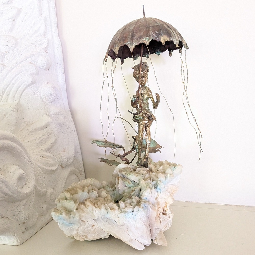 Vintage Brutalist Bronze Sculpture Figure with Umbrella on Crystal Mineral Base